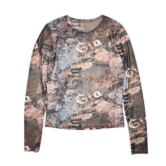 NWT Y2K 90s Sheer Mesh Cropped Top Sz.S Multi All-Over Print Fairy Grunge Goth - Picture 5 of 9